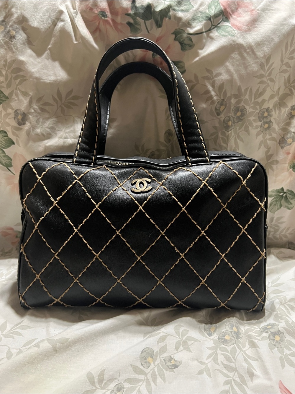 CHANEL Black Quilted Satchel with Cream Stitching (Wild stitch)